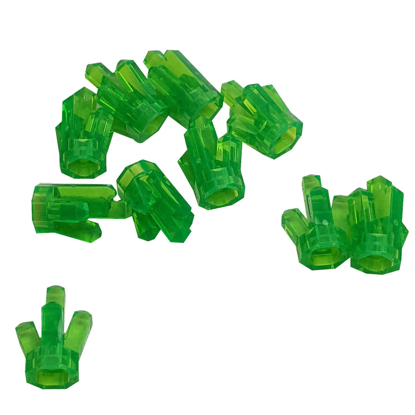 Multiple LEGO® trans-bright green Rock 1 × 1 Crystal 5 Point elements shown from various angles