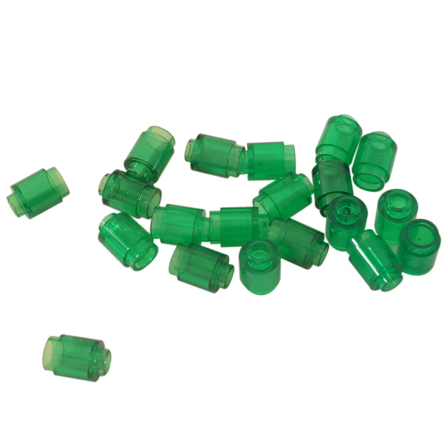 Trans green round 1 x 1 brick part 3062 with cylindrical shape for LEGO® transparent builds
