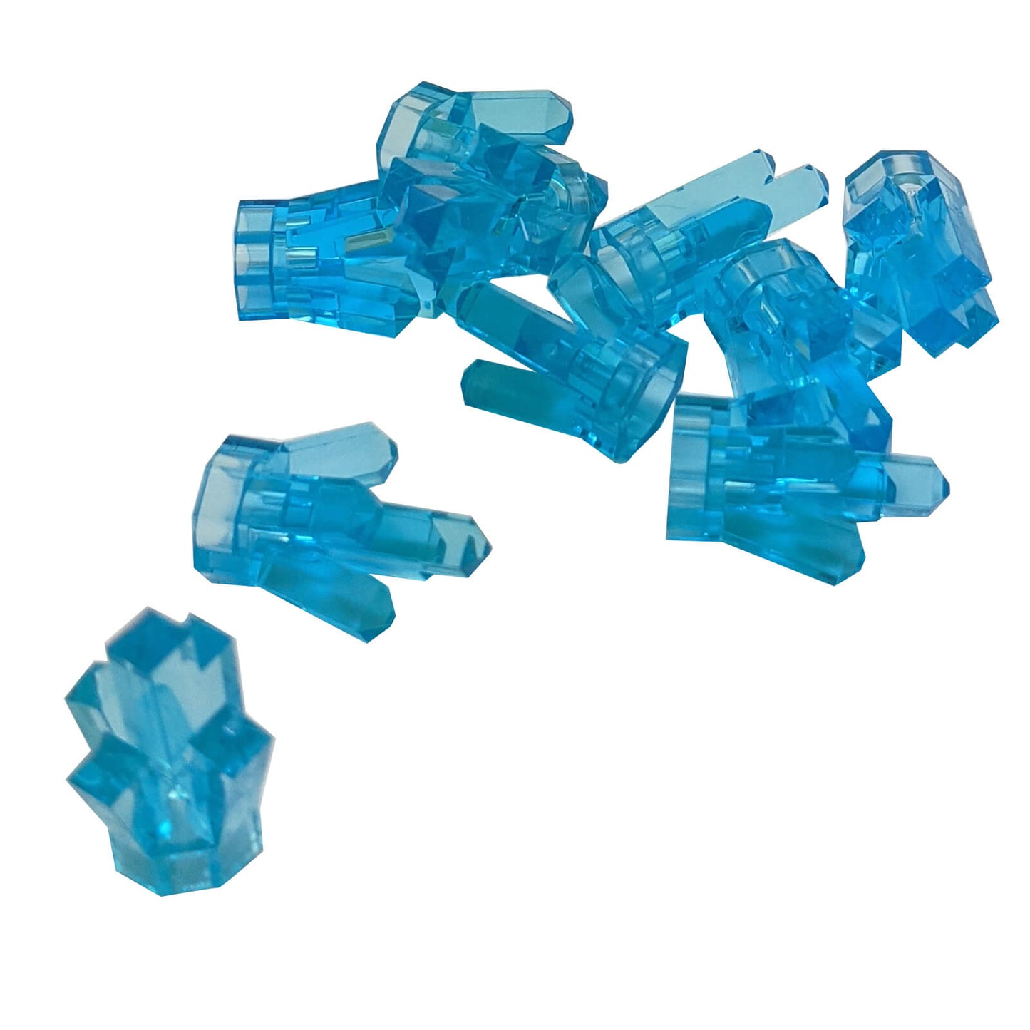 Multiple LEGO® trans-light blue Rock 1 × 1 Crystal 5 Point elements shown from various angles