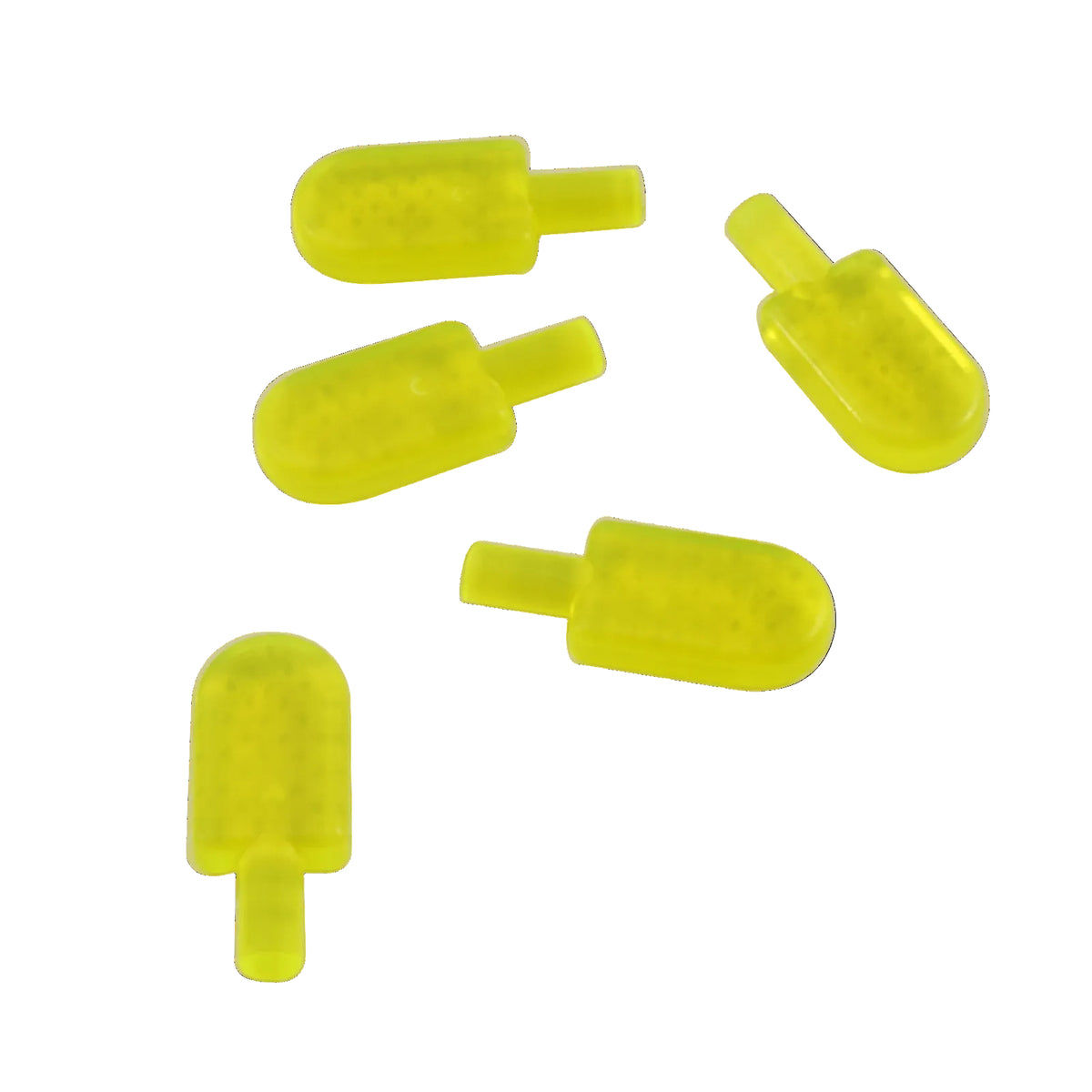 Trans-neon green LEGO® ice pop part 30222 shown front and back with rounded rectangular popsicle shape and integrated stick