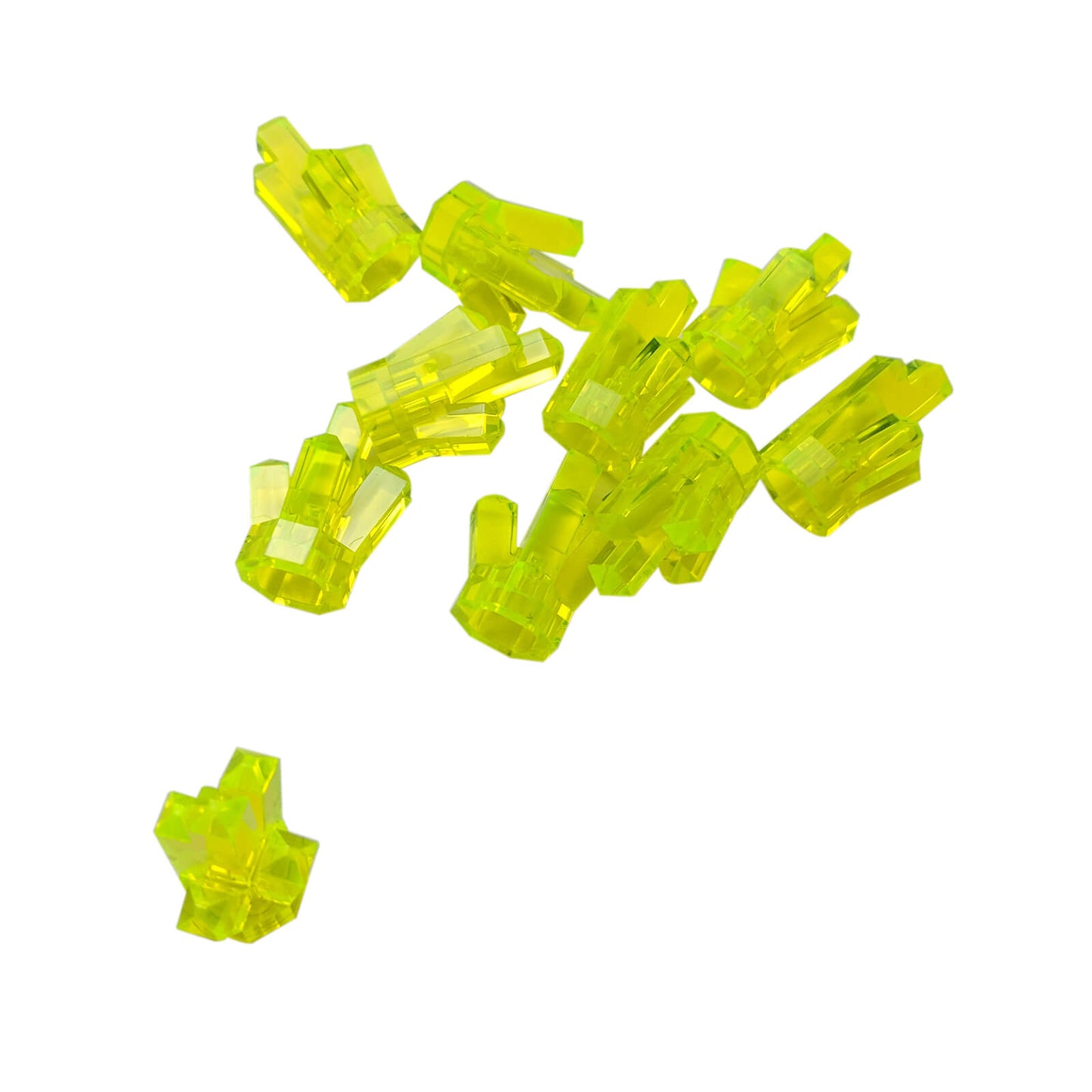 Multiple LEGO® trans-neon green Rock 1 × 1 Crystal 5 Point elements shown from various angles