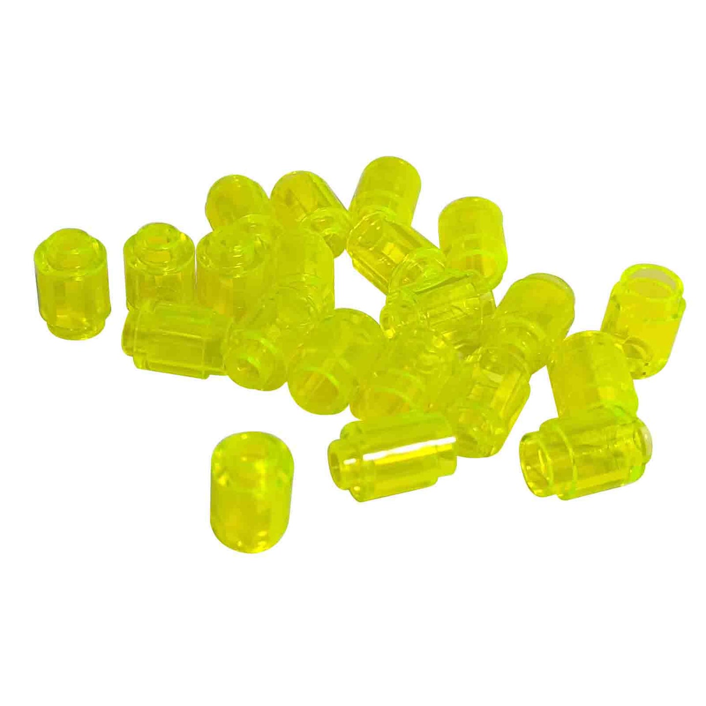 Trans neon green round 1 x 1 brick part 3062 with cylindrical shape for LEGO® transparent builds
