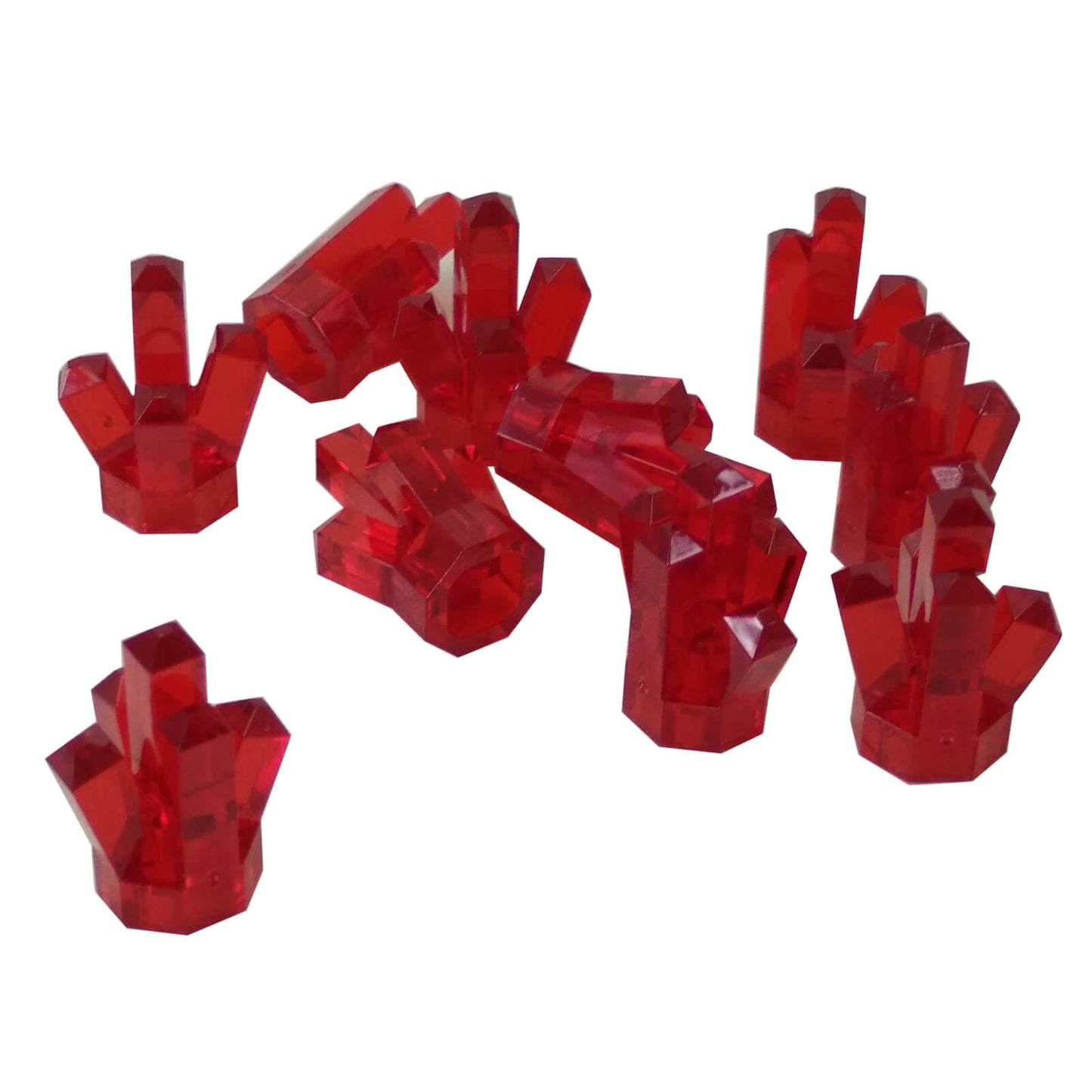 Multiple LEGO® trans-red Rock 1 × 1 Crystal 5 Point elements shown from various angles