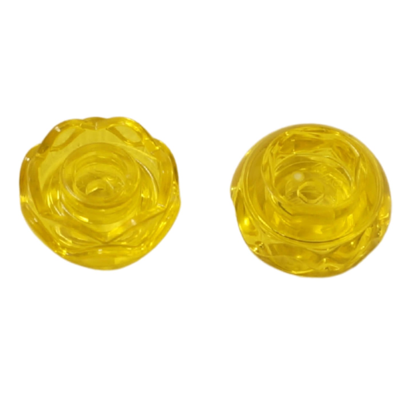 Trans yellow round plant flower with two layered peony rose petals, open stud and small pin hole for LEGO® builds
