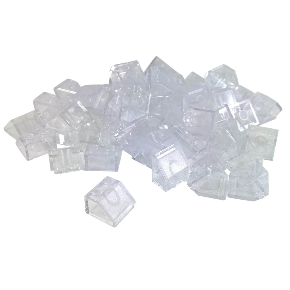 Transparent clear 45 degree slope brick 2 x 2 for angled builds, roofs and shaping
