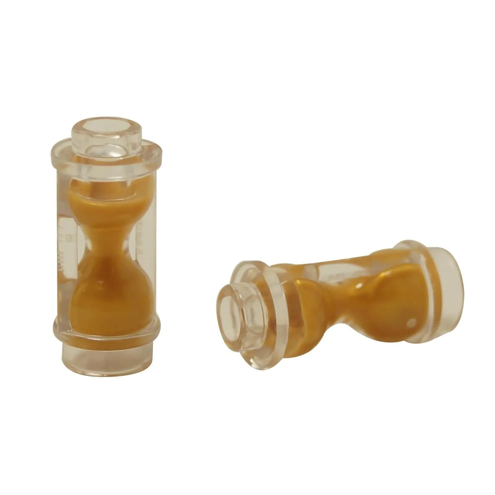 Transparent minifigure hourglass utensil with molded pearl gold sand pattern, shown upright and sideways.
