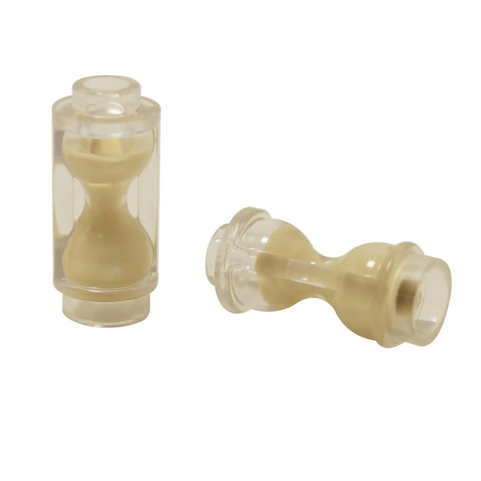 Transparent minifigure hourglass utensil with tan sand pattern, shown upright and sideways.

