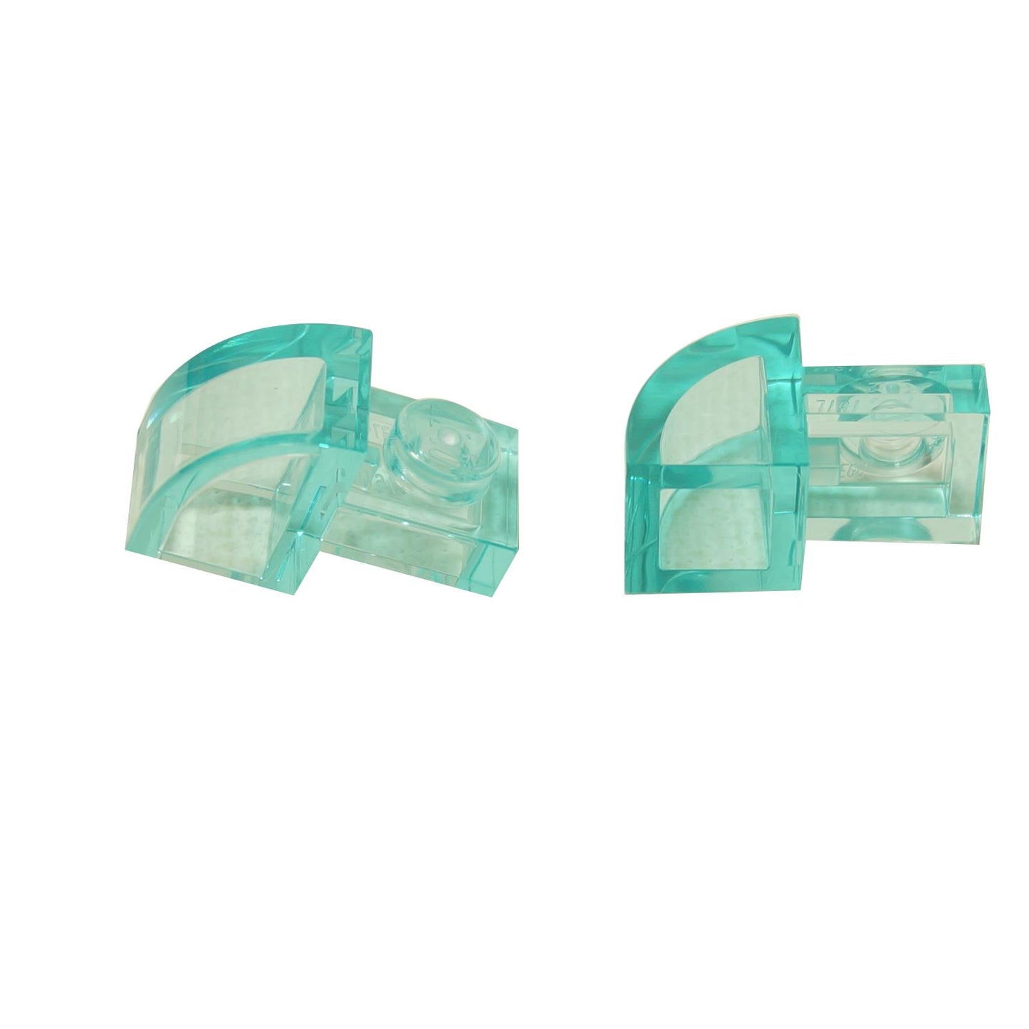 Transparent light blue curved slope 2x1 with recessed stud, smooth rounded piece for sleek detailing.
