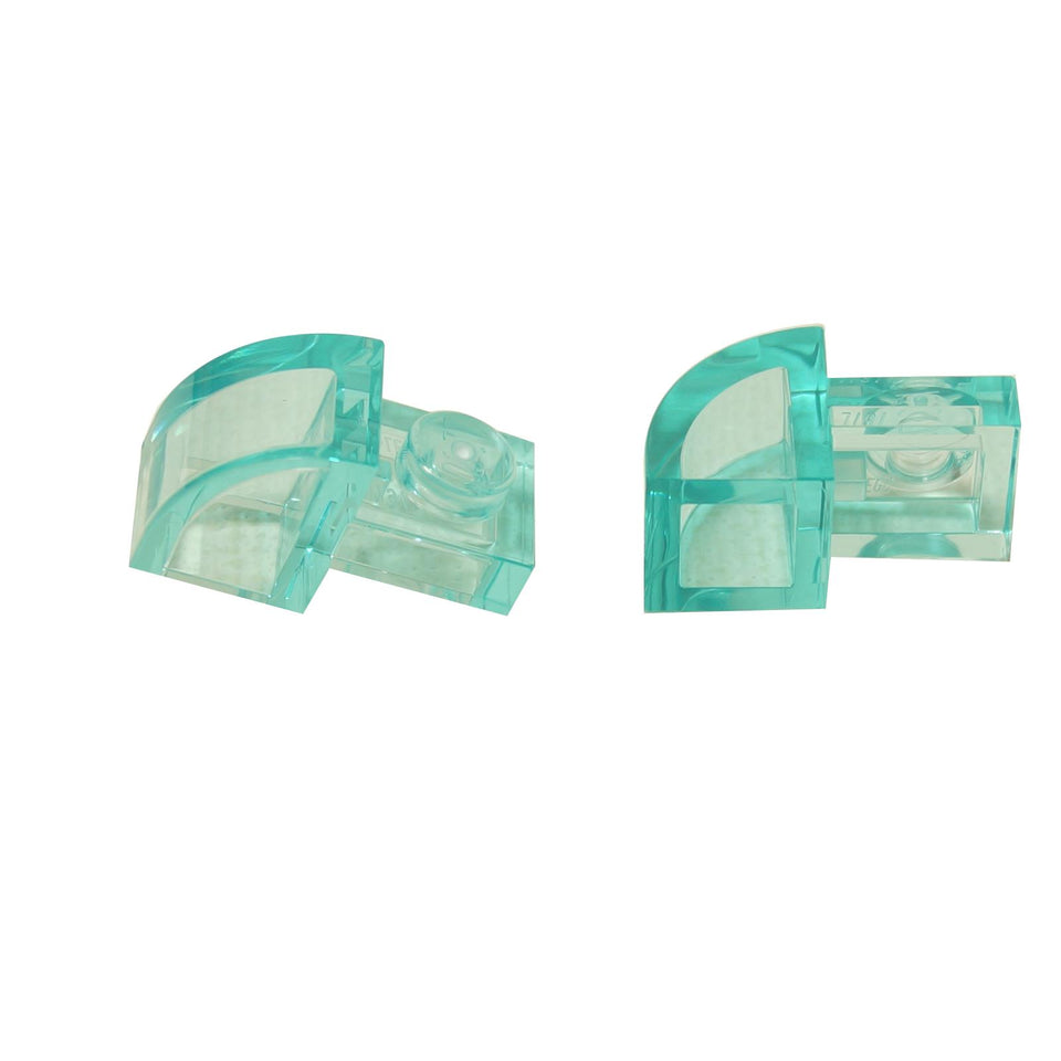 Transparent light blue curved slope 2x1 with recessed stud, smooth rounded piece for sleek detailing.
