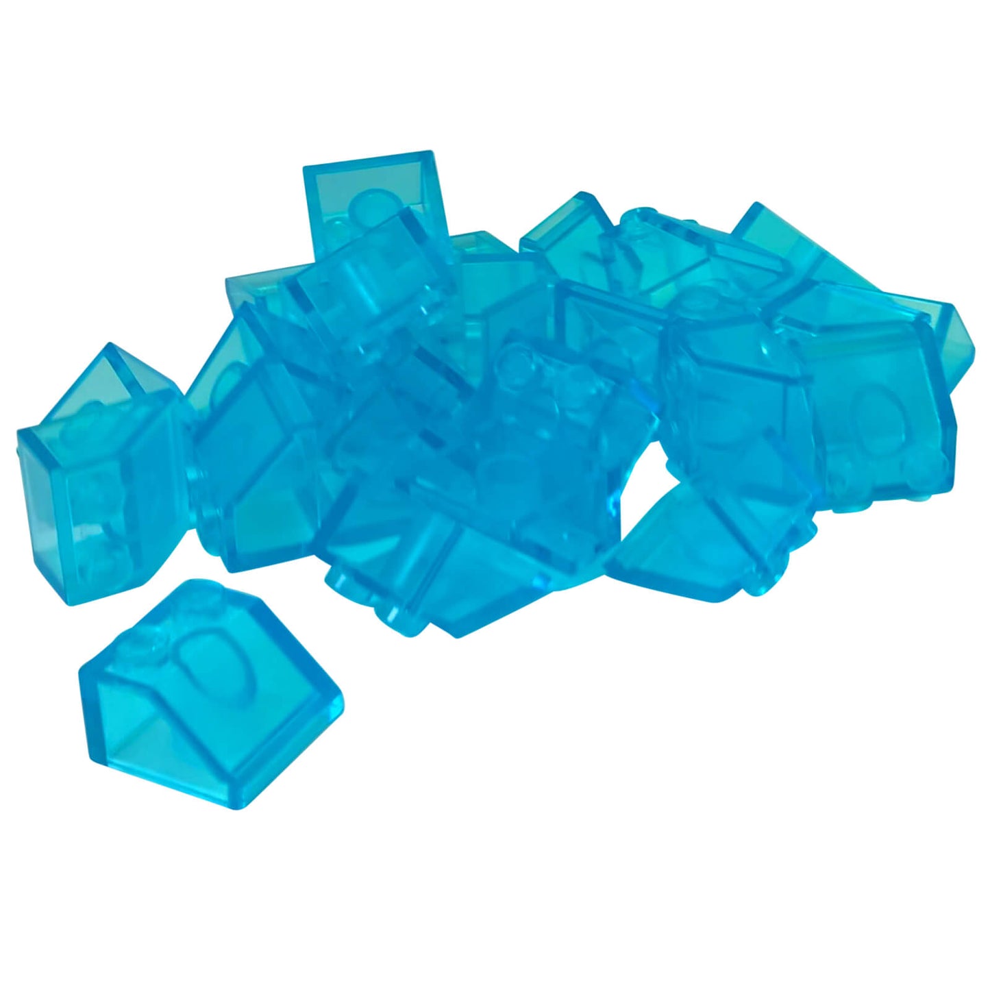 Transparent light blue 45 degree slope brick 2 x 2 for angled builds, roofs and shaping

