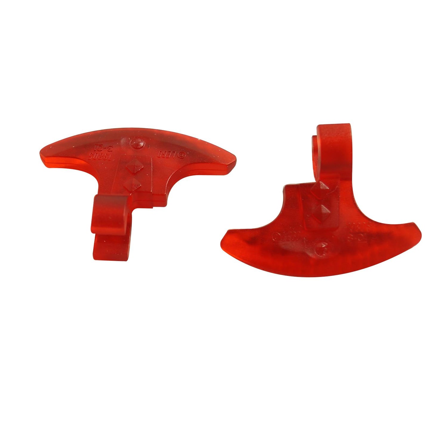 Transparent red minifigure weapon axe head with clip connection, featuring curved blade shape and attachment point