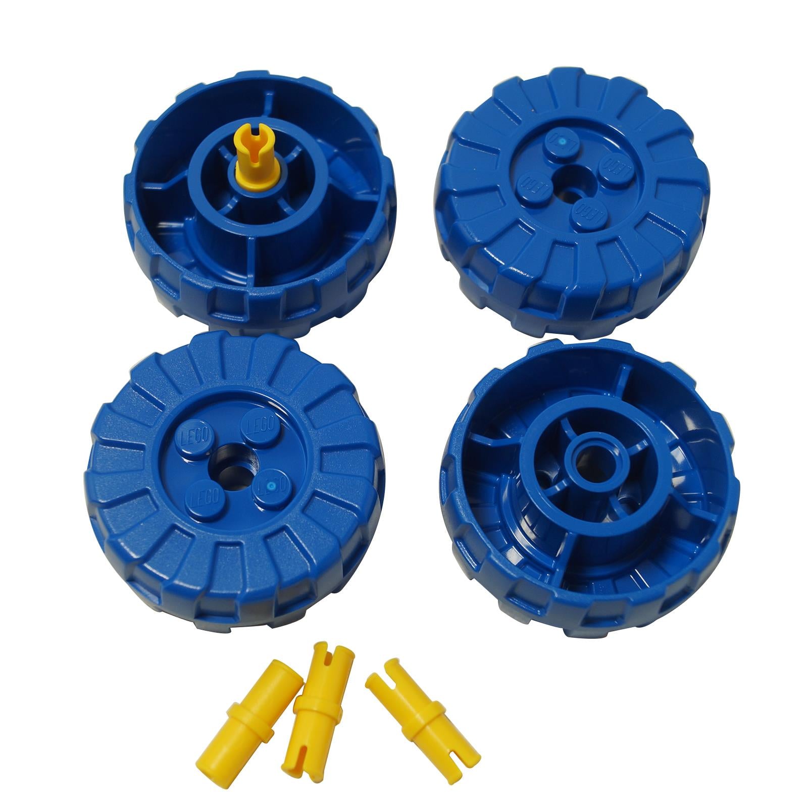Blue 36mm treaded hard plastic wheel with 4 studs and yellow Technic pin, rugged tire style piece
