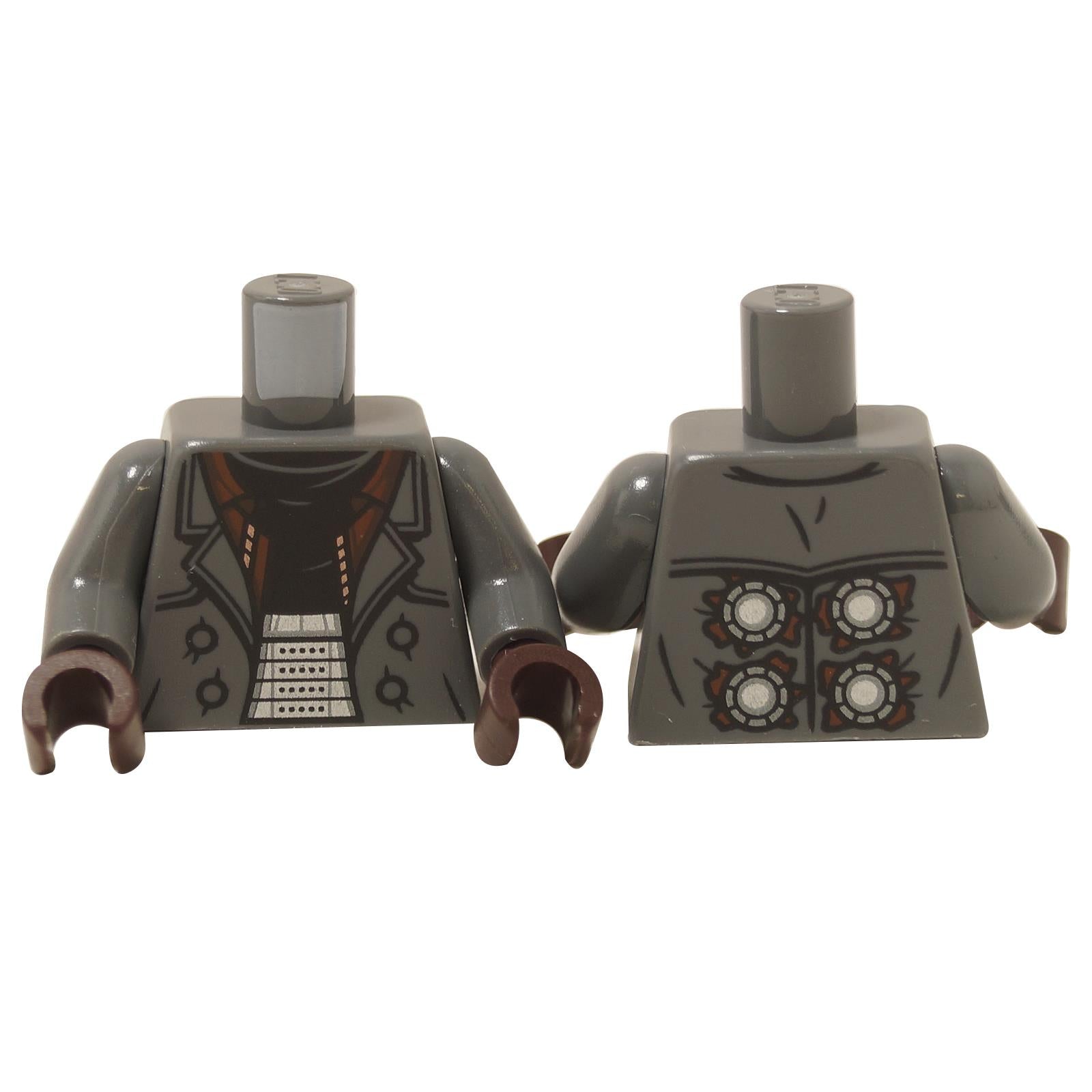 LEGO® 973pb5367c01 Torso featuring a dark bluish gray trench coat with reddish brown lining and a silver armor belt, along with a back print of four mechanical nodes.