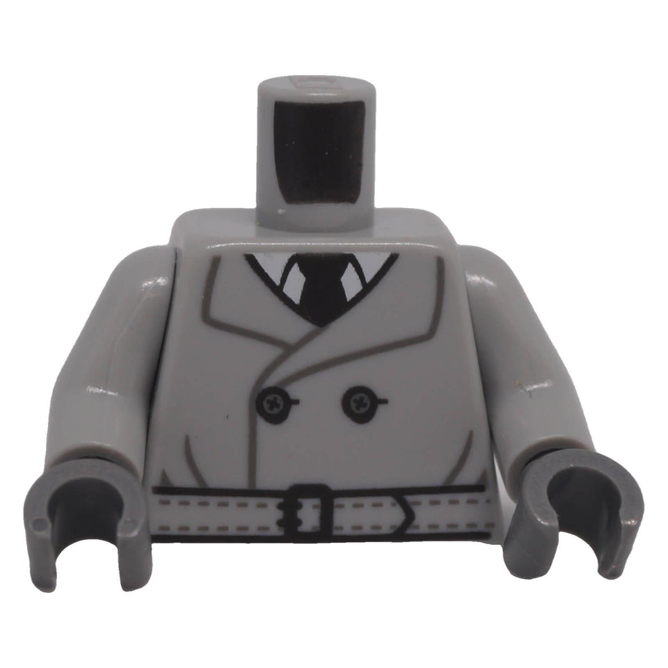 LEGO light bluish gray trench coat torso 973pb5489c01 front with white shirt and black tie