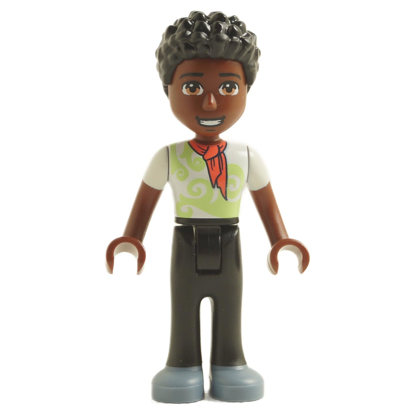 LEGO mini-doll figure named Trevor with a white shirt, green vest, red scarf, and black pants.