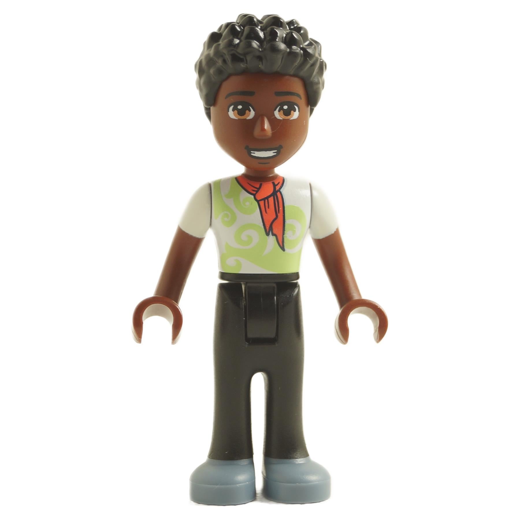 LEGO mini-doll figure named Trevor with a white shirt, green vest, red scarf, and black pants.