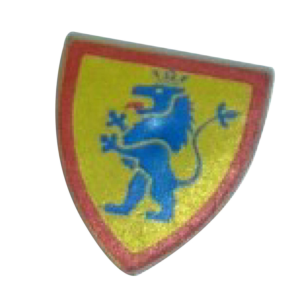 Escudo triangular LEGO® con un león rampante sobre un fondo azul y amarillo, pieza 3846p4g.