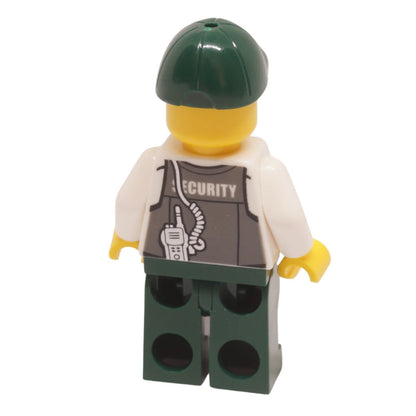 LEGO trn243 Security Officer minifigure with sunglasses, dark green cap, and tactical body armor vest back view.
