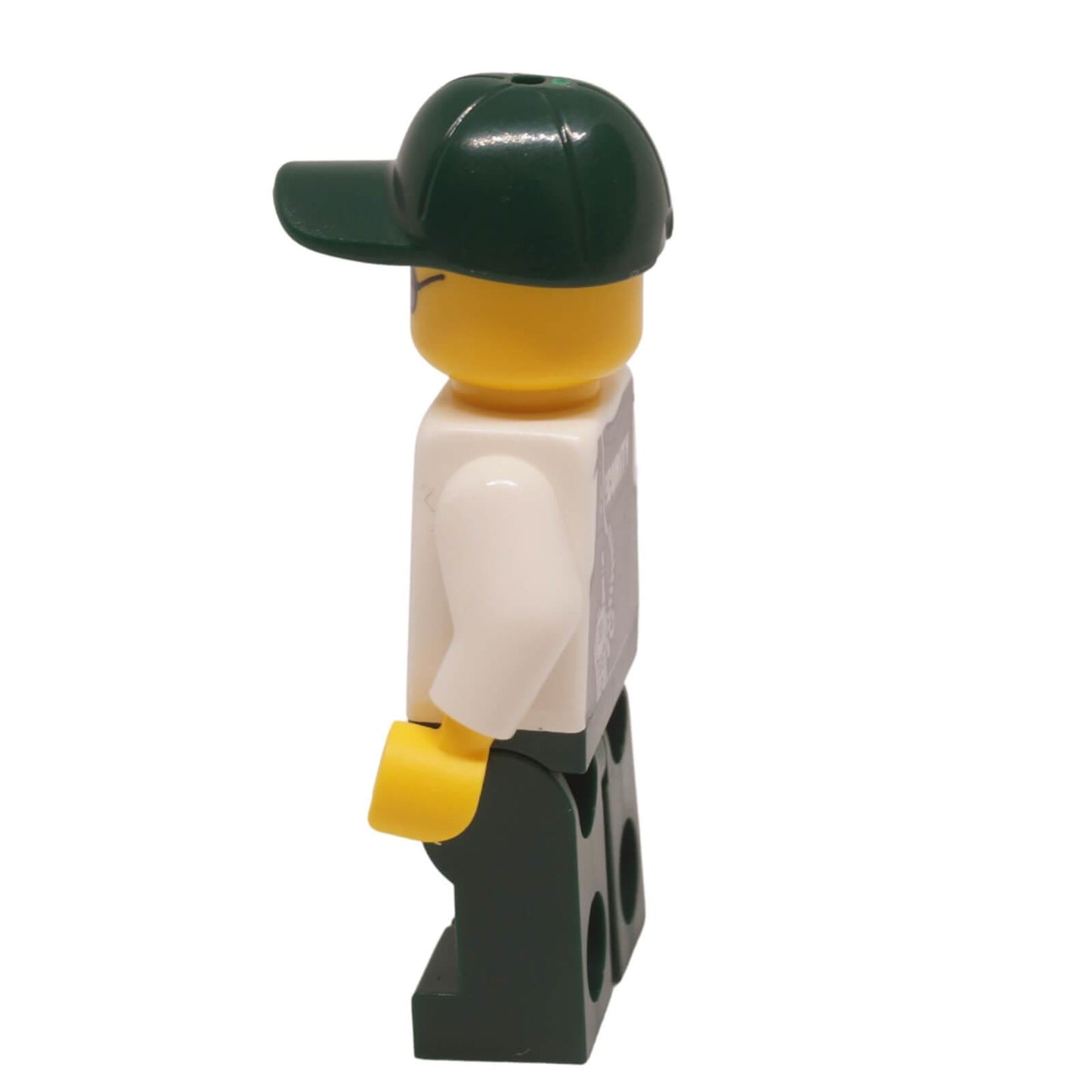 LEGO trn243 Security Officer minifigure with sunglasses, dark green cap, and tactical body armor vest side view.