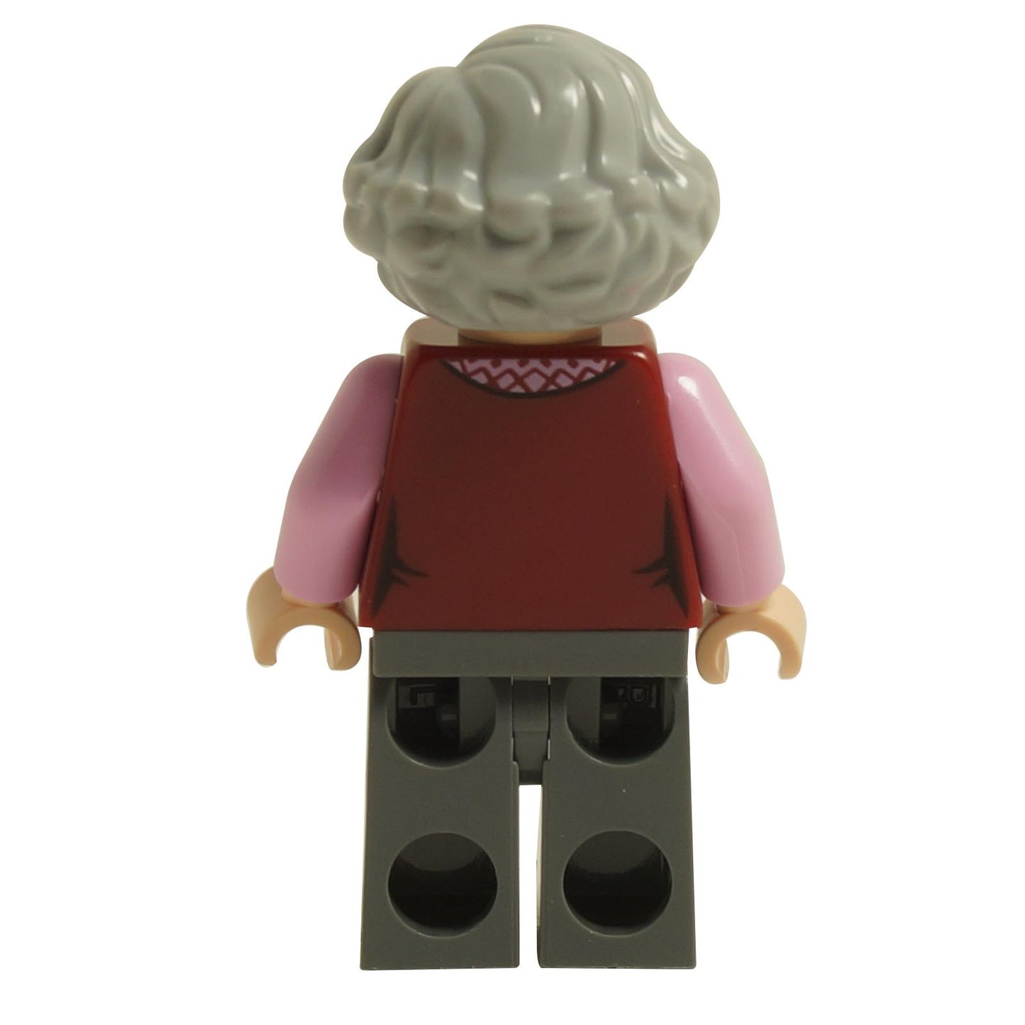 Back view of LEGO® Harry Potter Trolley Witch minifigure hp158 with gray hair, red vest, and dark gray legs
