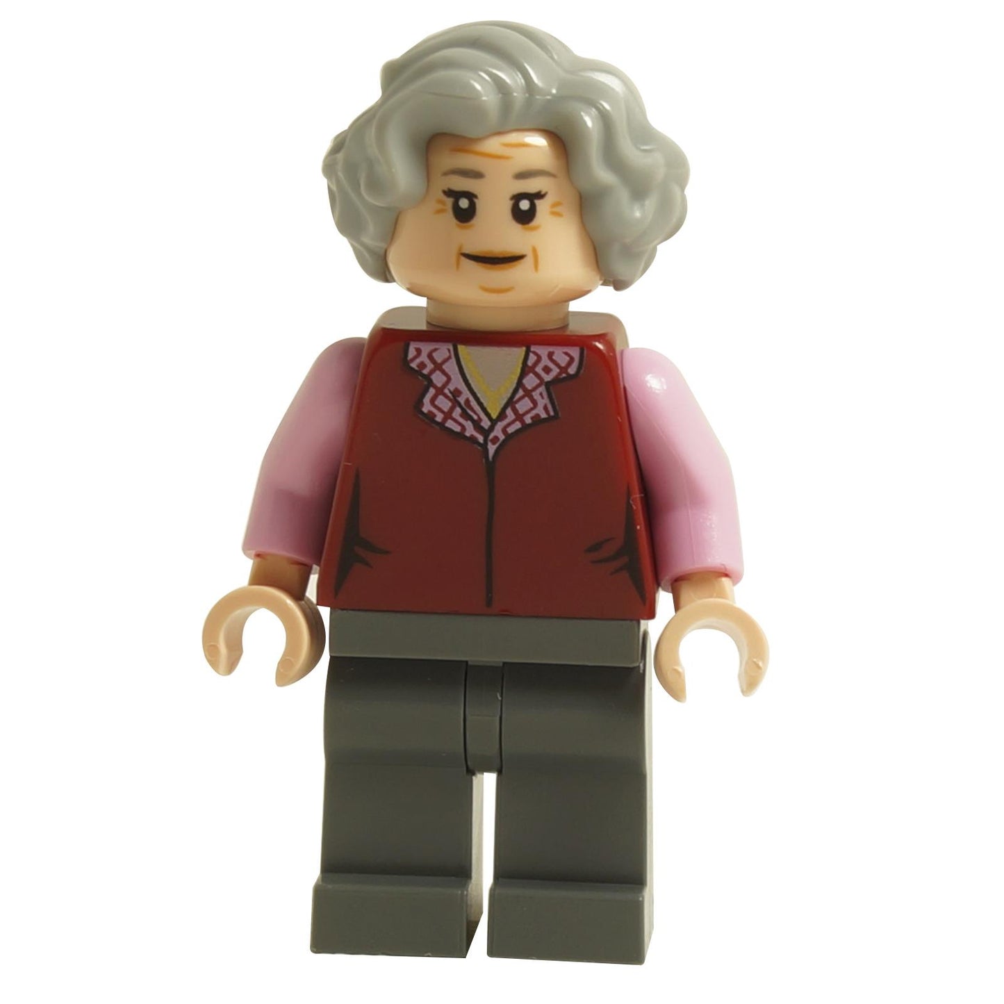 LEGO® Harry Potter Trolley Witch minifigure hp158 with gray hair, red vest, dark gray legs, and smiling facial expression
