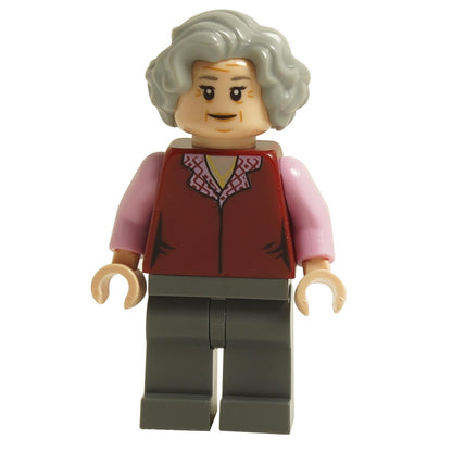 LEGO® Harry Potter Trolley Witch minifigure hp158 with gray hair, red vest, dark gray legs, and smiling facial expression
