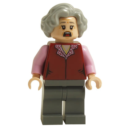 LEGO minifigure of The Trolley Witch from Harry Potter, featuring a detailed outfit with a burgundy vest and patterned scarf, and dual-sided face with smiling and frightened expressions.