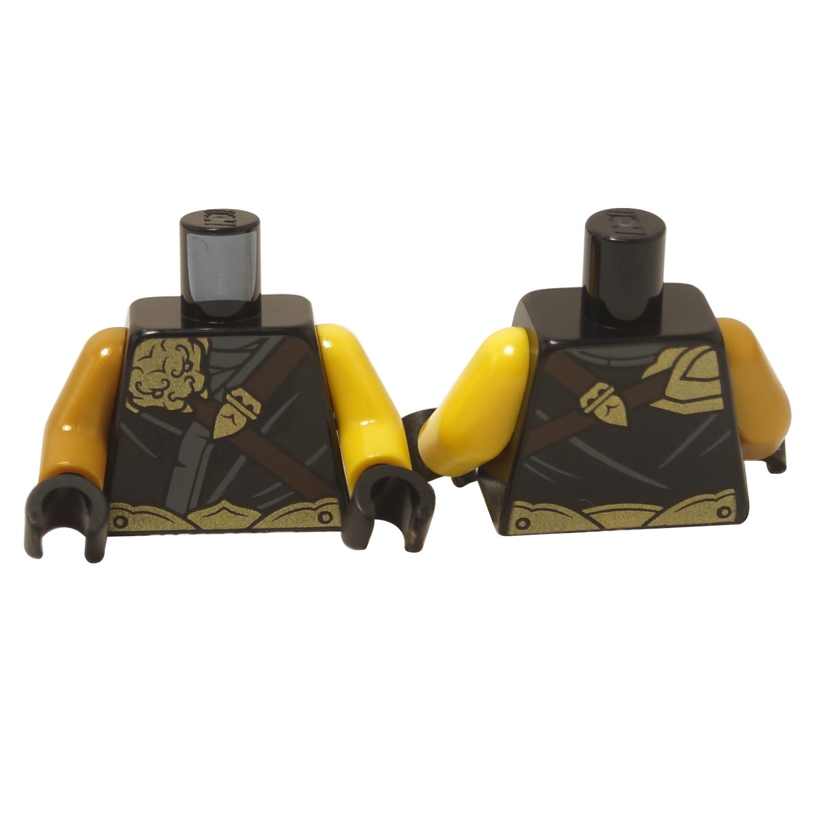 LEGO torso tunic with gold armor design, brown straps, and dark gray and brown shoulder belt pattern, including yellow arms and black hands.