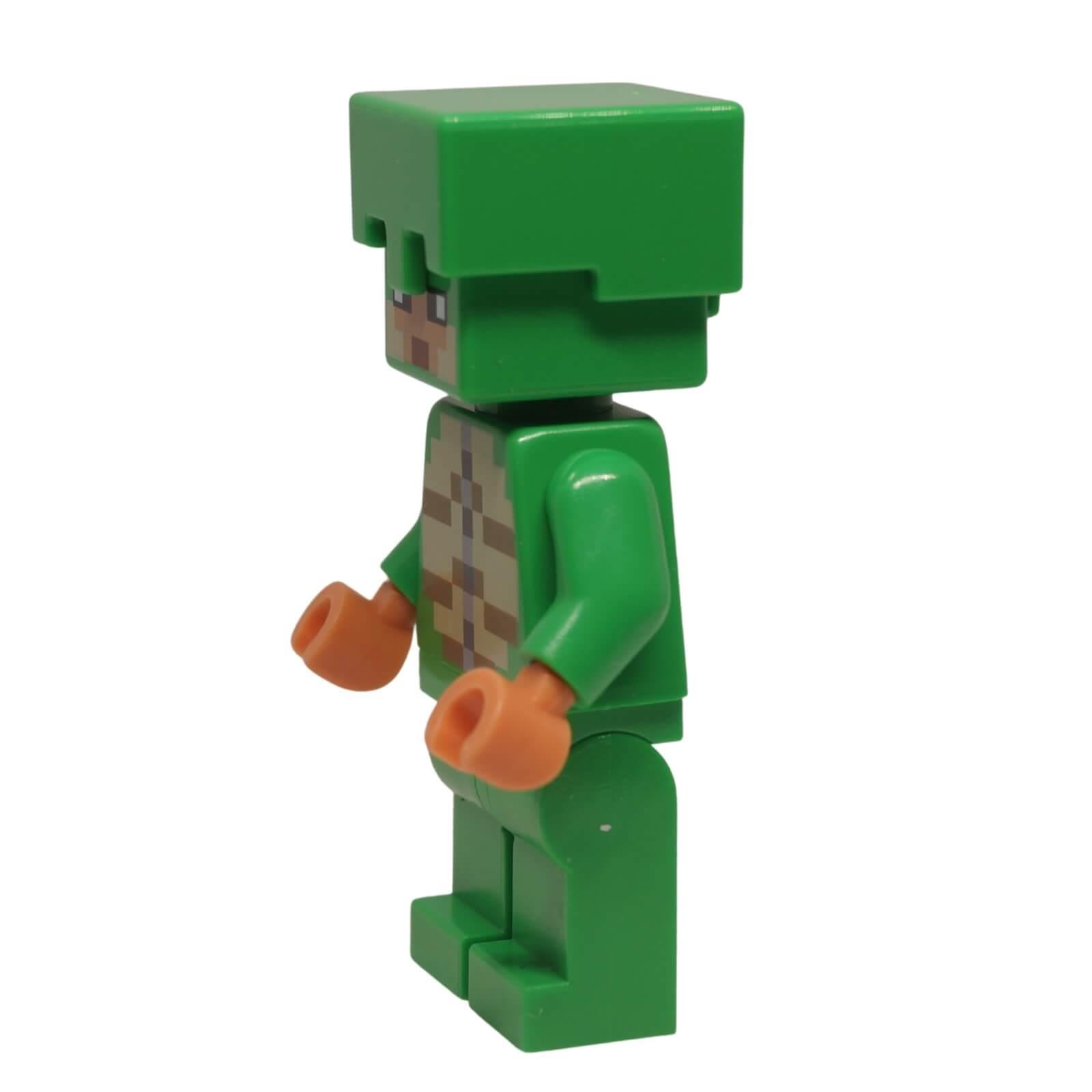 Minecraft minifigurka Turtle Skin Warrior (min162) boční pohled ukazující zelenou hlavu ve stylu bloku a želví oblek
