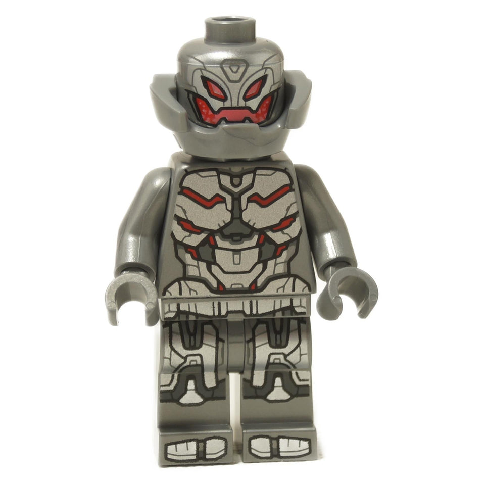 A LEGO minifigure representing the character Ultron from the Marvel Universe, with a silver body and red eyes, featuring detailed circuitry and armor plating.