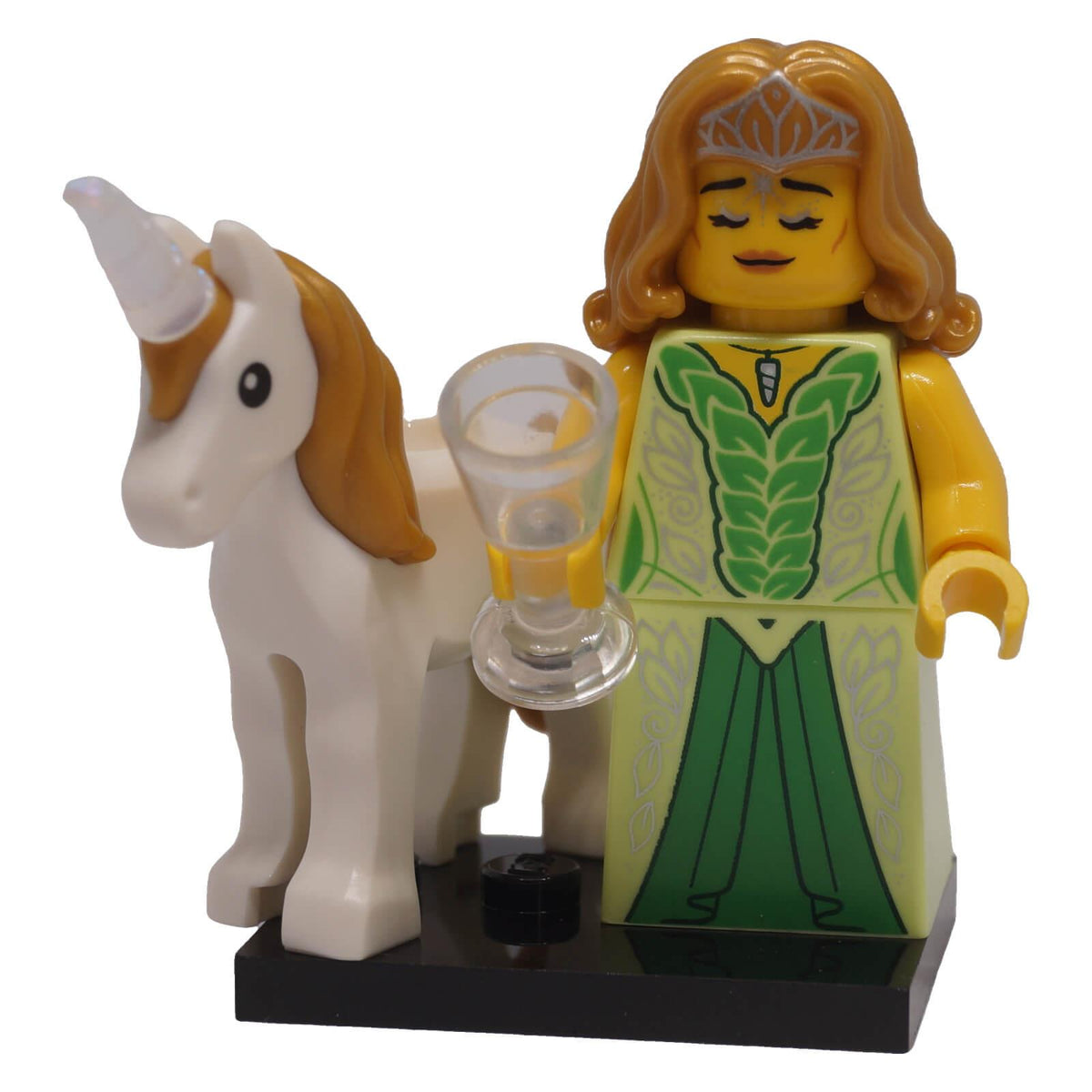 LEGO Unicorn Elf Series 29 with white unicorn, goblet and display stand front view