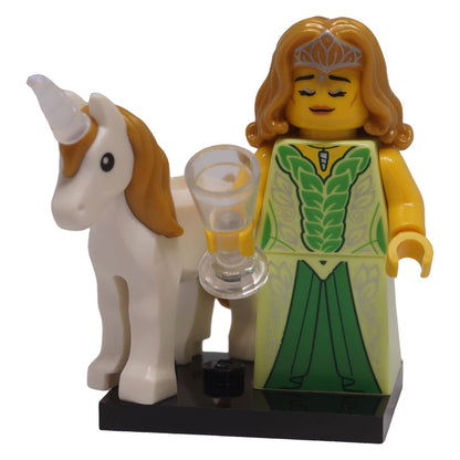 LEGO Unicorn Elf Series 29 with white unicorn, goblet and display stand front view
