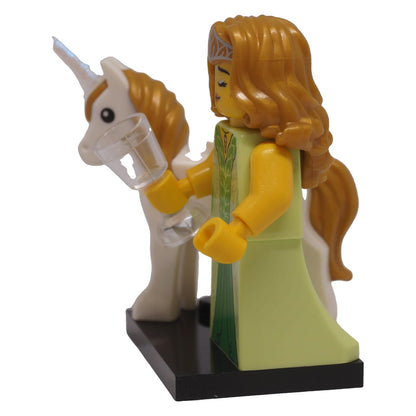 LEGO Unicorn Elf Series 29 with white unicorn and long curled hair side view