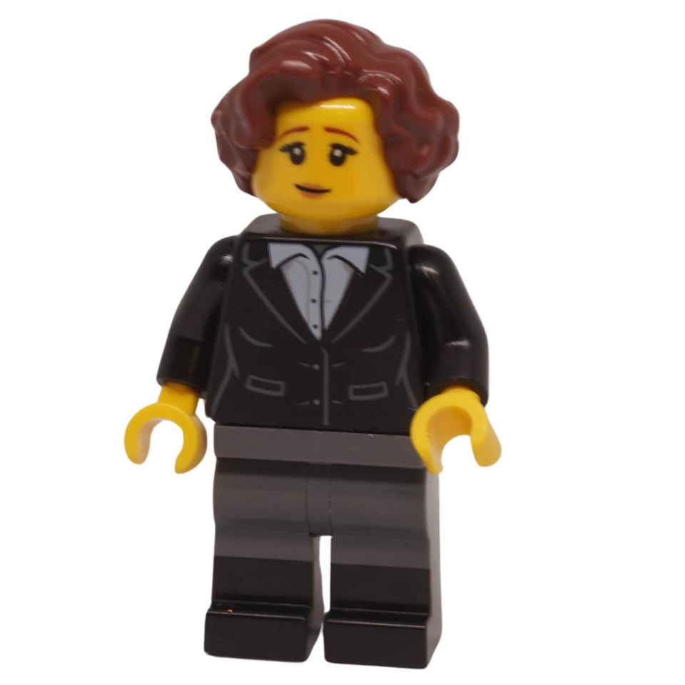 LEGO Vampire Castle Visitor Minifigure bdp234 with black suit jacket and reddish brown hair
