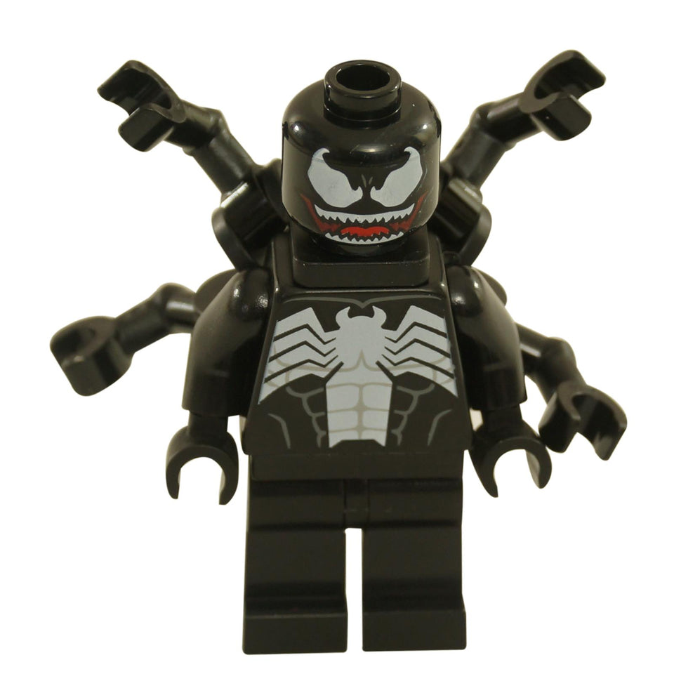 LEGO minifigure of Venom from Marvel with a black and white symbiote suit and four back appendages.