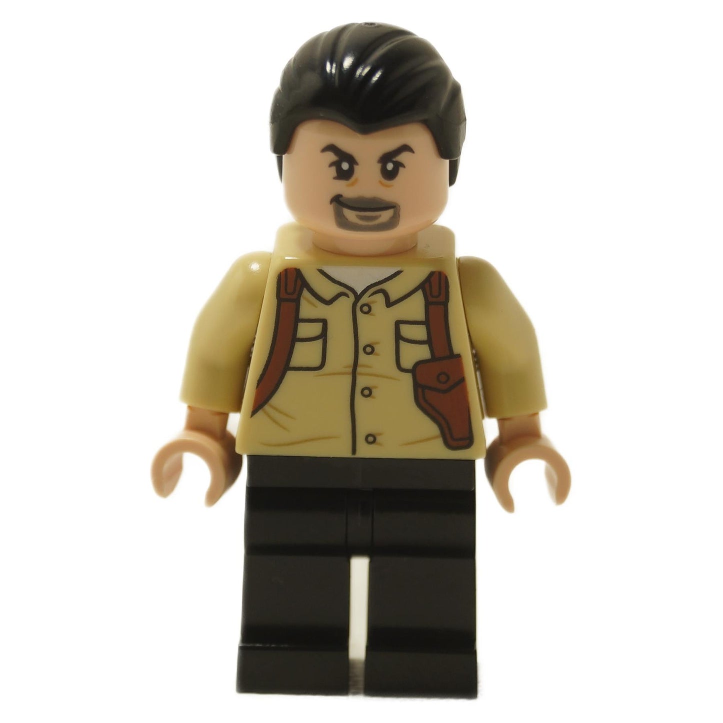 LEGO Jurassic World Vic Hoskins minifigure shown from the front. He wears a tan shirt with a printed gun holster and has a confident, smirking expression.