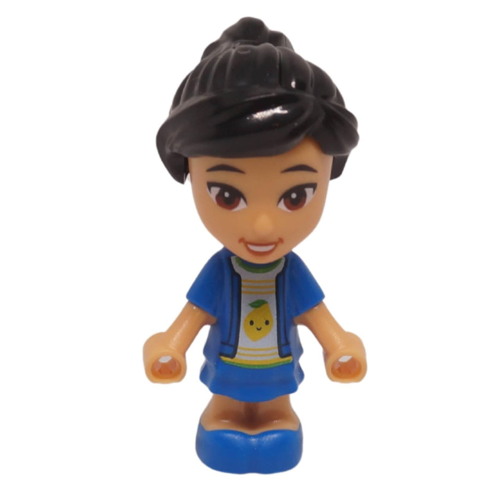 Victoria Friends micro doll front view wearing blue dress with lemon print and black ponytail
