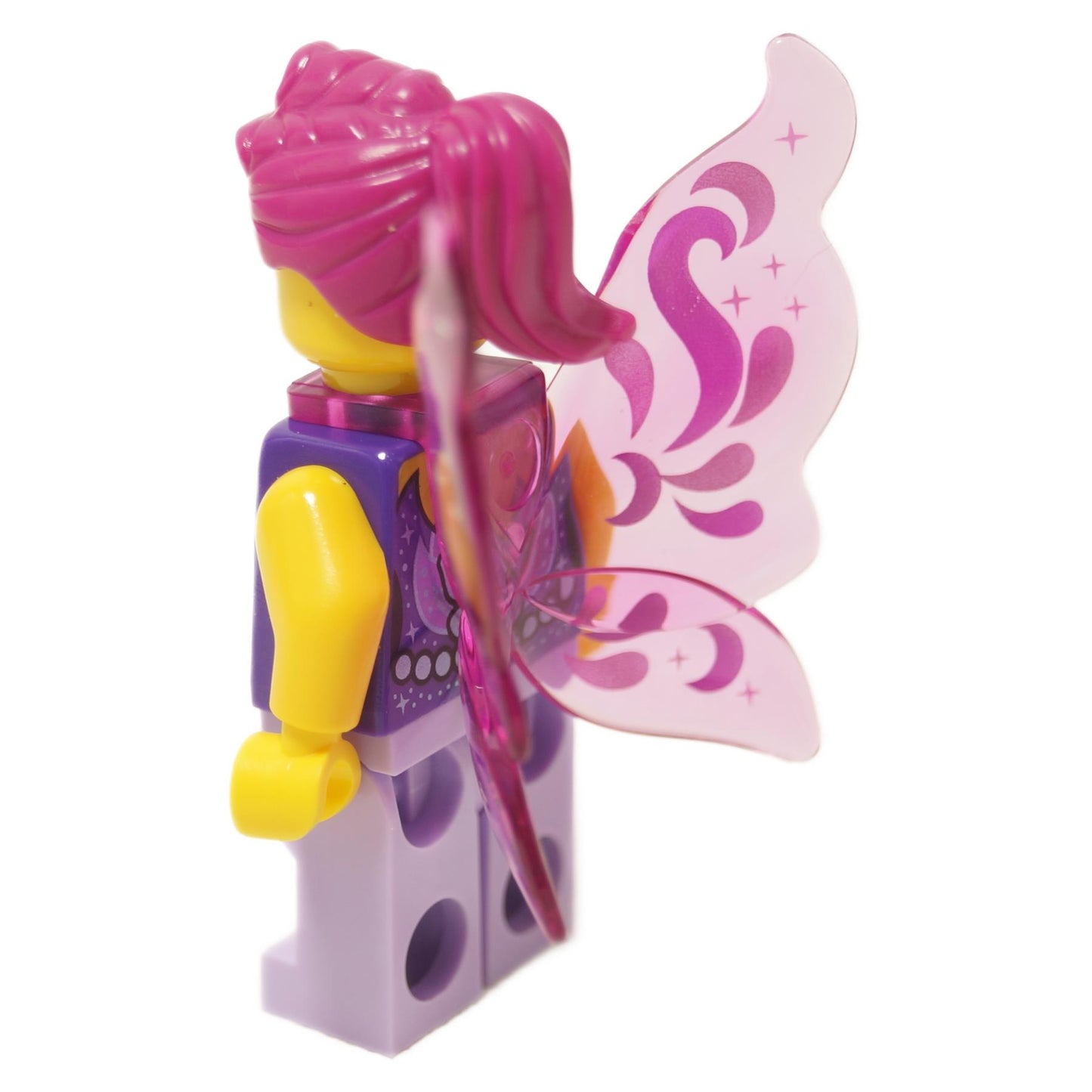 Fairy singer minifigure back view with pink wings ponytail hair and purple outfit
