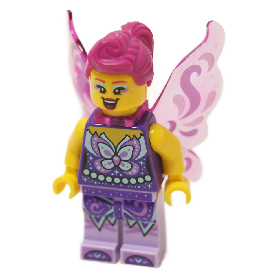 Fairy singer minifigure with pink hair purple outfit and butterfly wings
