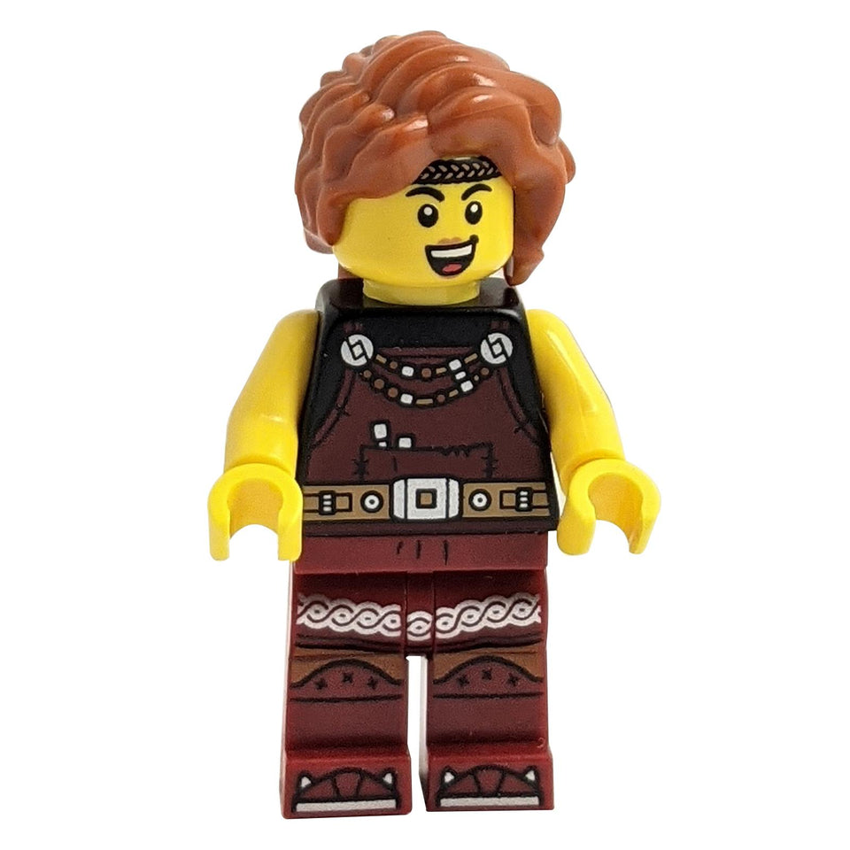 LEGO minifigure of a Viking Blacksmith female character with dark red overalls and dark red legs with trim, and dark orange hair.