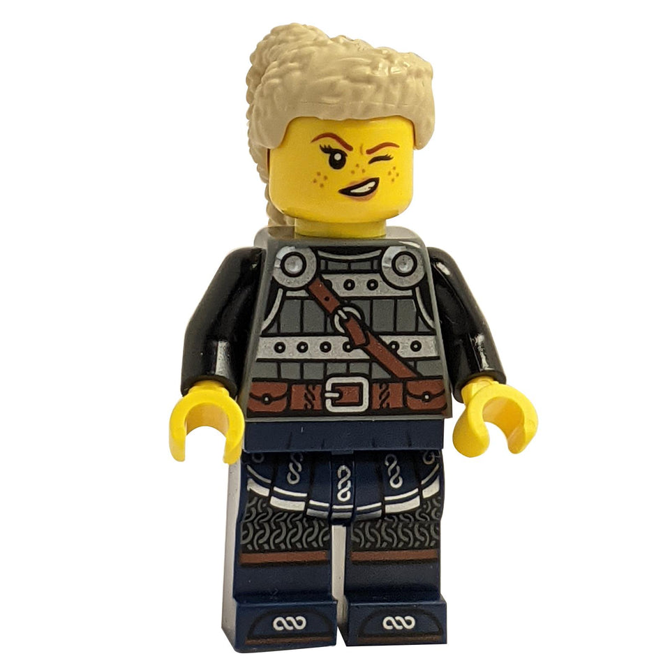 LEGO® Viking Shield-Maiden minifigure idea170 with tan hair, silver armour, dark blue printed legs and winking freckled face