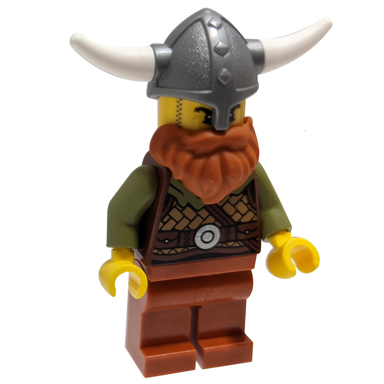 LEGO Viking Warrior minifigure vik038 with horned helmet and dark orange beard