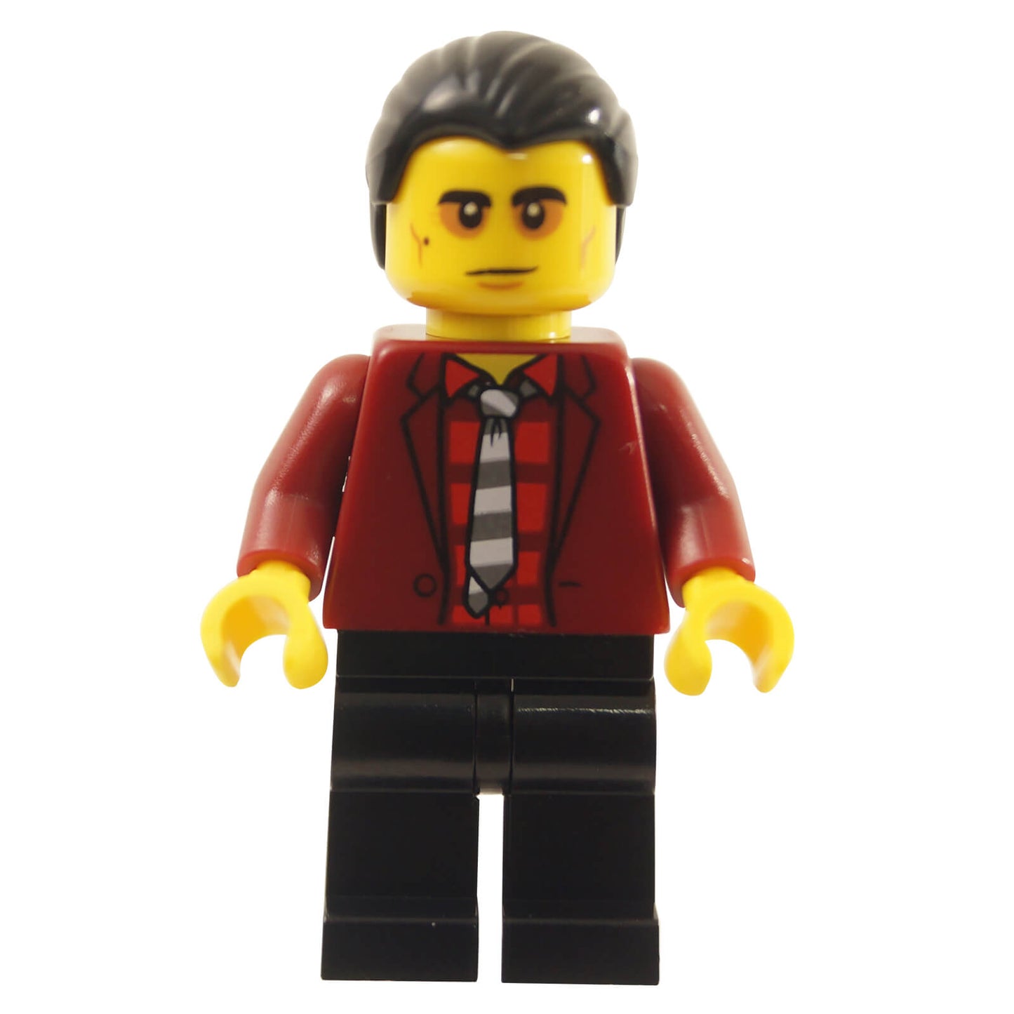 LEGO City Vito minifigure, dark red jacket and striped tie, front view.