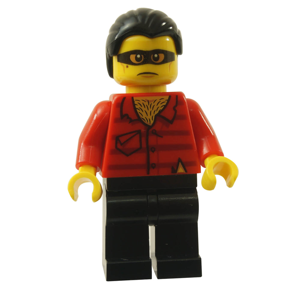 LEGO® Vito minifigure with red shirt black mask print and black hair
