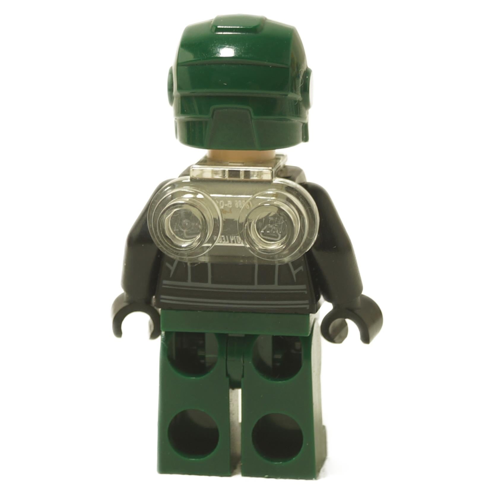 LEGO® Vulture minifigure sh0403 back view with dark green helmet and transparent neck bracket with two back studs close-up