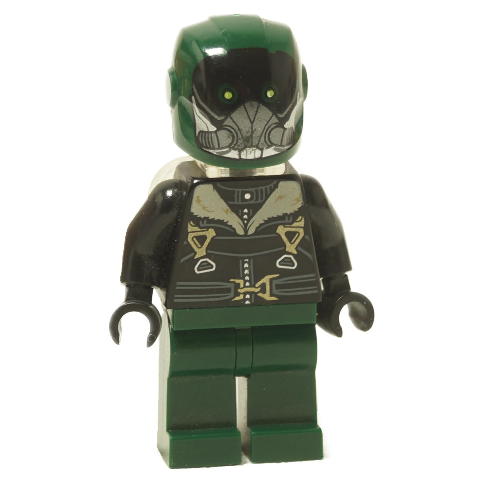 LEGO minifigure representing the character Vulture from Marvel, dressed in a dark green flight suit with a black bomber jacket, and featuring a molded helmet with green eyes.