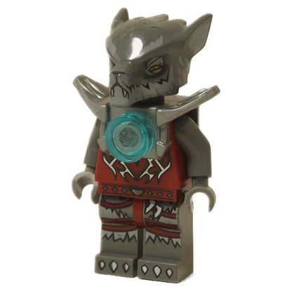 LEGO Legends of Chima Farkas Törzs minifigura, Wakz (loc008), teljes páncélzattal, a mellkasában egy CHI gömbbel és egy vicsorgó kifejezéssel a formázott farkas fején.