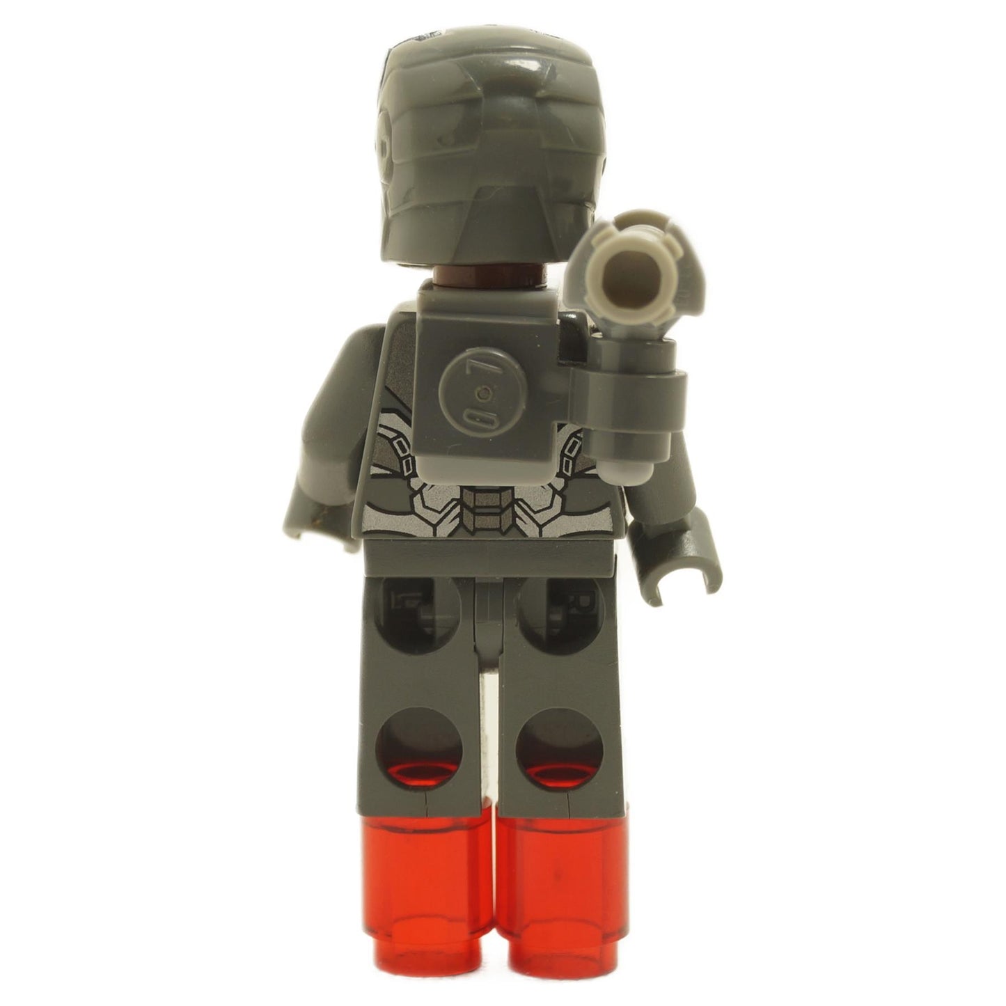Back view of LEGO® War Machine minifigure sh0066 showing dark gray armor back printing, shoulder cannon, helmet, and trans-red jet boots
