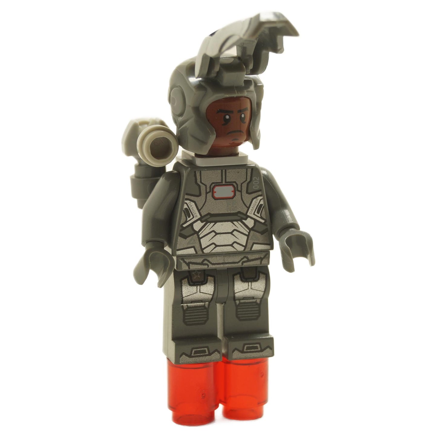 LEGO® War Machine minifigure sh0066 with dark gray armor, shoulder cannon, open helmet showing Rhodey face, and trans-red jet boots
