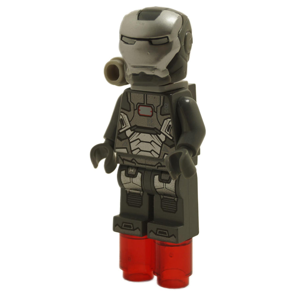 LEGO minifigure representing the character War Machine from Marvel, featuring a black and silver armored suit with shoulder-mounted cannon and flip-up helmet.
